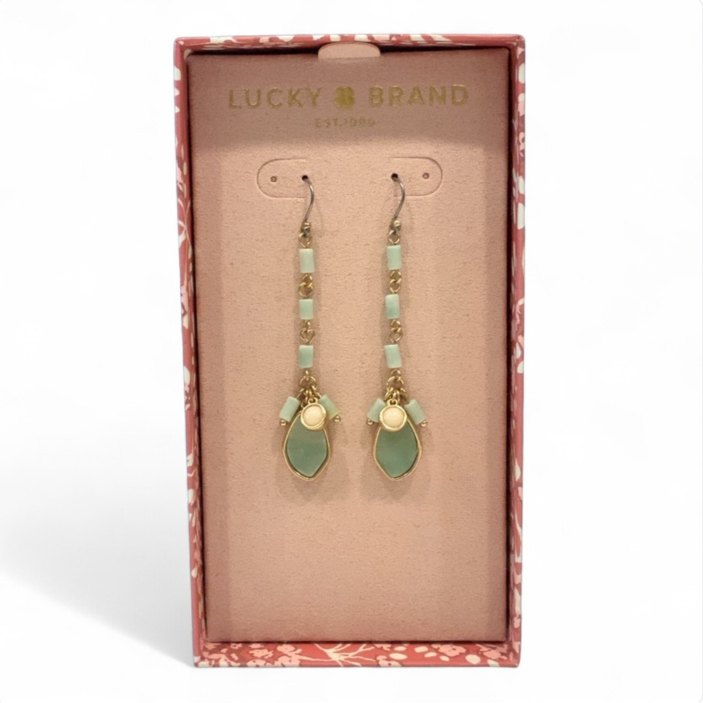 Lucky Brand Semi-Precious Green Bead Gold-Tone Link Drop Dangle Hook Earring NWT